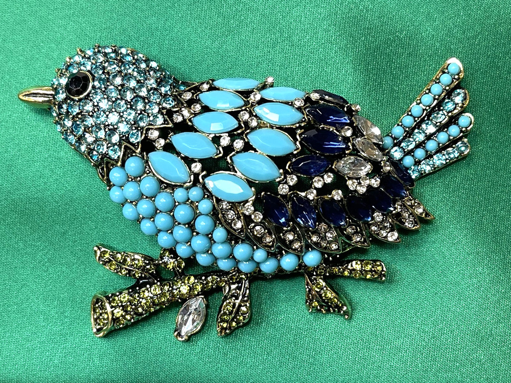 NWOT HUGE Blue Bird Rhinestone Brooch Lapel Pin Turquoise Crystal
